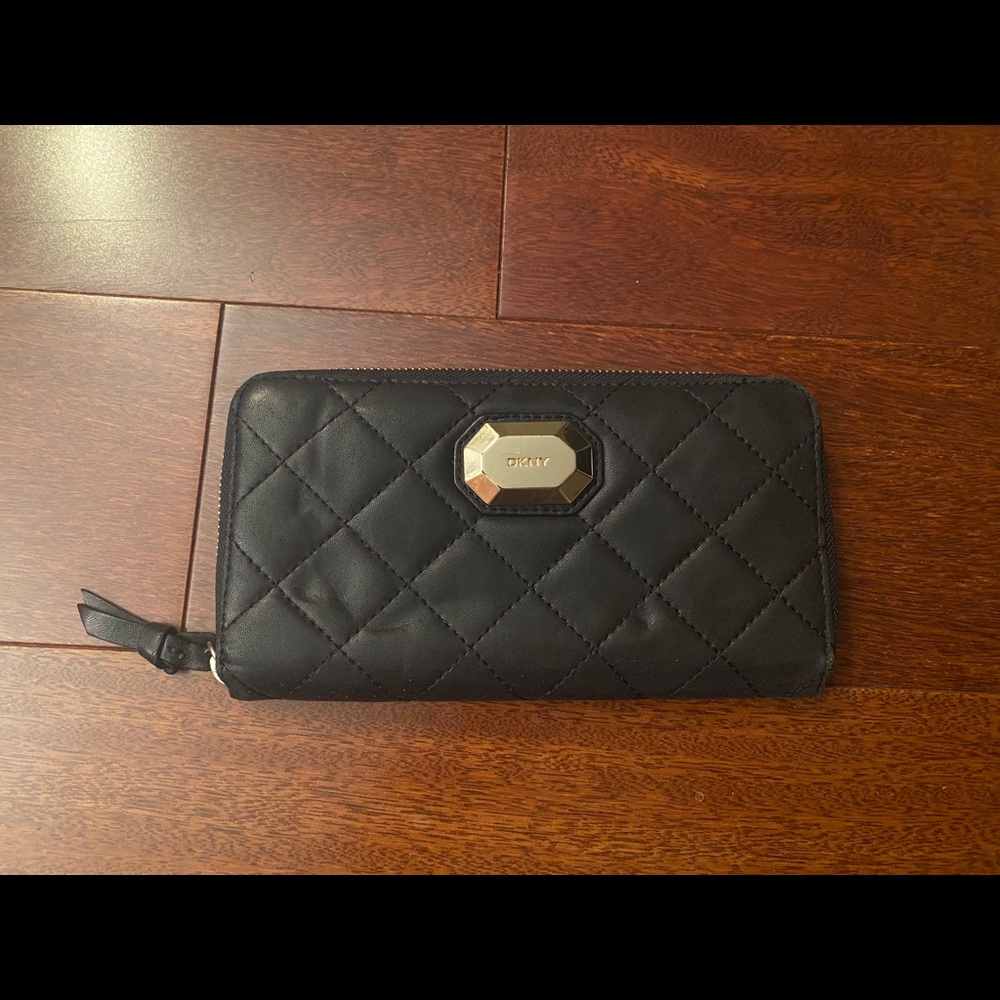 DKNY Black Leather Quilted Zip Around Wallet